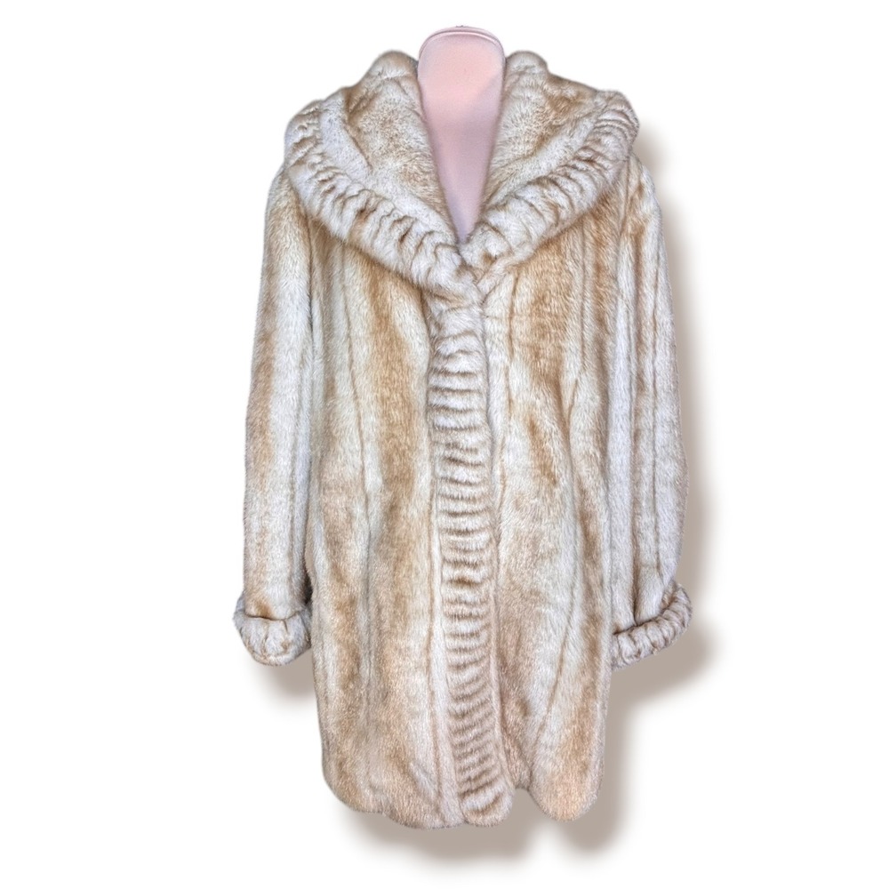 Dennis Basso Y2K Glam Faux Mink Fur Coat Cream Beige Shawl Collar Medium Layer
